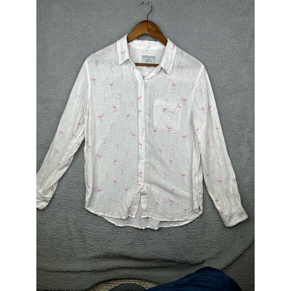 Rails Button Up Womens Small Linen Blend Shirt White Flamingo Long Sleeve Pocket - Picture 1 of 6